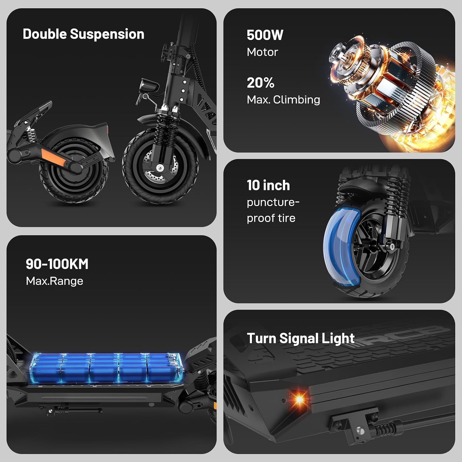 D5 Electric Scooter Adults, E-Scooter, 90-110KM Range, 20.8Ah/27Ah Battery, 500W Motor, 3 Speed Modes,10" Flatproof Tires, APP Control, Double Suspension, Double Brakes, Foldable Electric Scooter D5-20.8AH-black