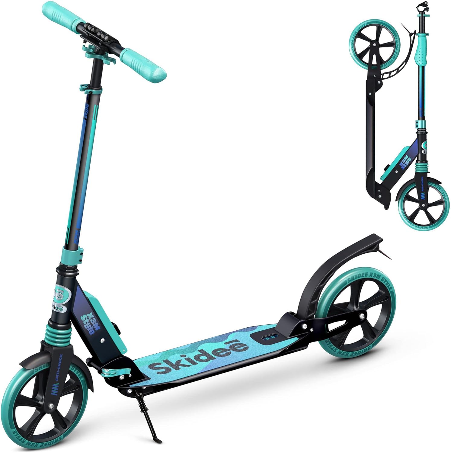 Skidee Adult & Teen Scooter Adjustable Height, Folding, Large Wheels, Lightweight, Durable, Anti-Shock Suspension, Up to 220 lbs Aqua