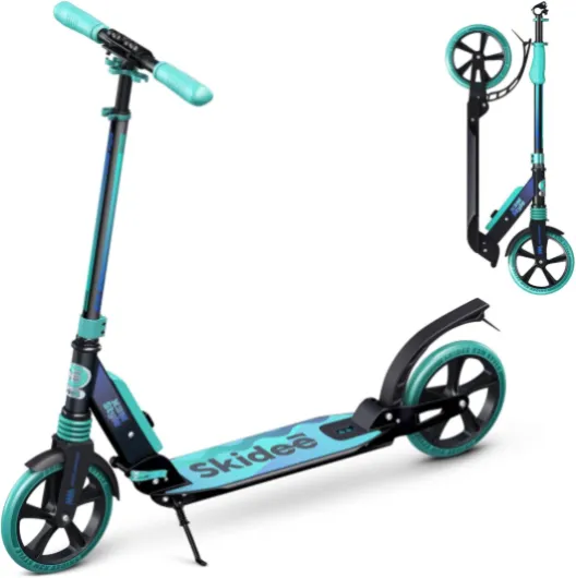 Skidee Adult & Teen Scooter Adjustable Height, Folding, Large Wheels, Lightweight, Durable, Anti-Shock Suspension, Up to 220 lbs Aqua