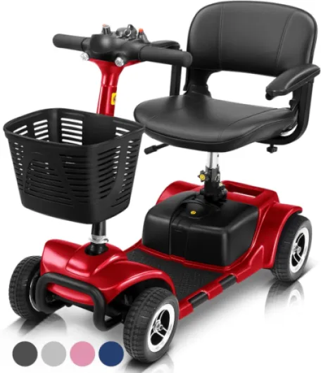 4 Wheel Mobility Scooter - Electric Powered Wheelchair Device - Compact Heavy Duty Mobile for Travel, Adults, Elderly - Long Range Power Extended Battery with Charger & Basket Ruby Red