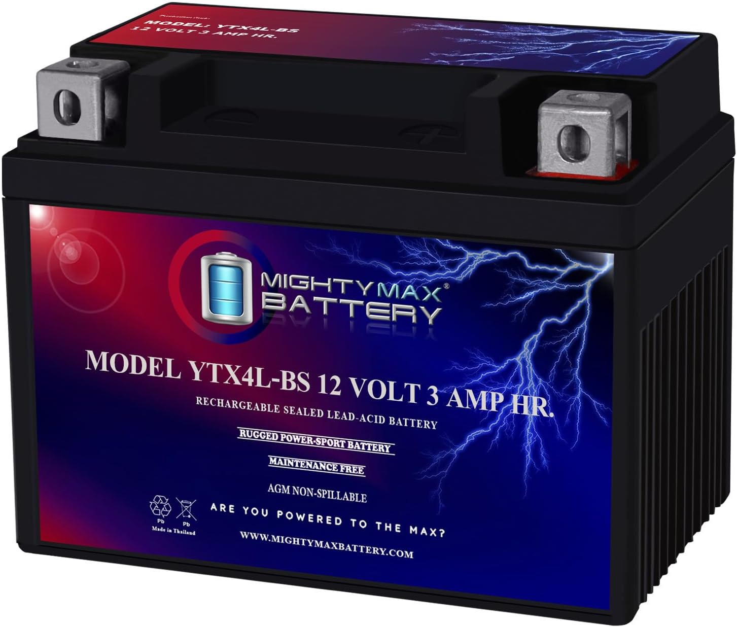 Mighty Max Battery YTX4L-BS - 12 Volt 3 AH, 50 CCA, Rechargeable Maintenance Free SLA AGM Motorcycle Battery 1 Pack
