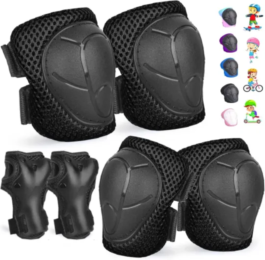 Kids/Youth Knee Pads and Elbow Pads Set for Kids 3-14 Years Boys Girls Protective Gear Set Adjustable Knee Pads, Elbow Pads, Wrist Guards Skateboard Skating Skiing Cycling Biking Running Scooter black M(7-14Years)