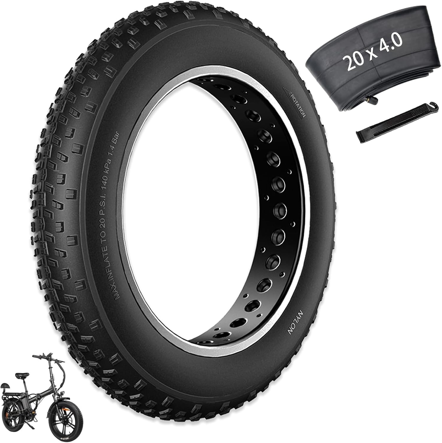 20x4 /26x4 Fat Bike Tire Replacement Kit, 20x4.0 /26x4.0 Inch Electric Bicycle Snow Mountain E-Bike Tires, Folding Ebike Fat Tire Tubes and Tire Levers Compatible Wide Mountain Snow Bike Tires 20x4.0 Inch/30TPI-1 PCS