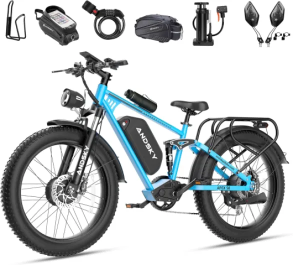 Apex50 Electric Bike for Adults Men, 3000W AWD Dual Motors, UL-Listed 52V 25AH/48V 25AH Removable Battery, 35MPH, 7-Speed, LCD Display, Full Suspension, 26"x4" Fat Blue Standard 48V