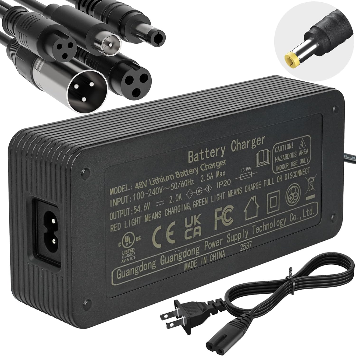 54.6V 2A Electric Bike Charger for 48V Lithium Battery (UL Certified), Input 110-240V, with 6 Jack Connectors (DC2.1MM / DC2.5MM / RCA 8MM / 3-P 8MM / 3-P 12MM/ 3-P XLR) (48V Ebike Battery Only)