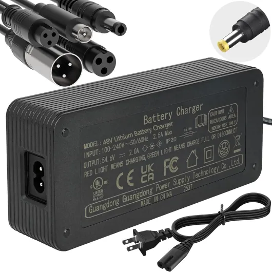 54.6V 2A Electric Bike Charger for 48V Lithium Battery (UL Certified), Input 110-240V, with 6 Jack Connectors (DC2.1MM / DC2.5MM / RCA 8MM / 3-P 8MM / 3-P 12MM/ 3-P XLR) (48V Ebike Battery Only)