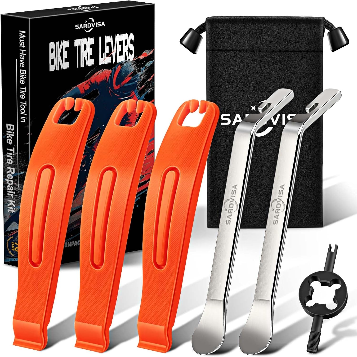 Bike Tire Levers- 3-Pcs Ultra Strong Tire Levers & 2-Pcs Stainless Steel Tire Spoons, Bike Tire Removal Tool for Road or Mountain Bike Tires, Must Have Bike Tire Tool in Bike Tire Repair Kit
