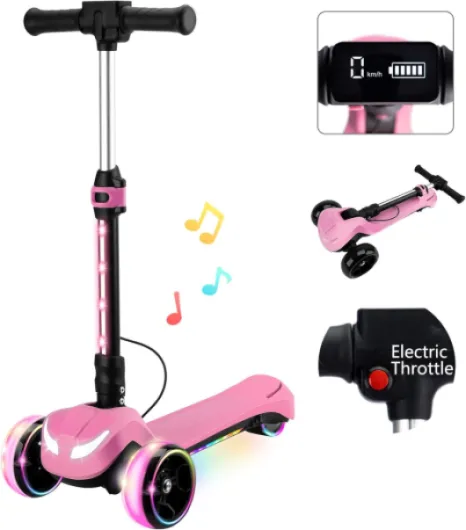 24V Electric Scooter for Kids w/150W Powerful Motor, Thumb Throttle, LCD Screen, Bluetooth, Light-Up Stem Deck & Wheels, 3 Adjustable Heights, 5MPH Safe Speed, 3 Wheel Electric Scooter for Kids Pink