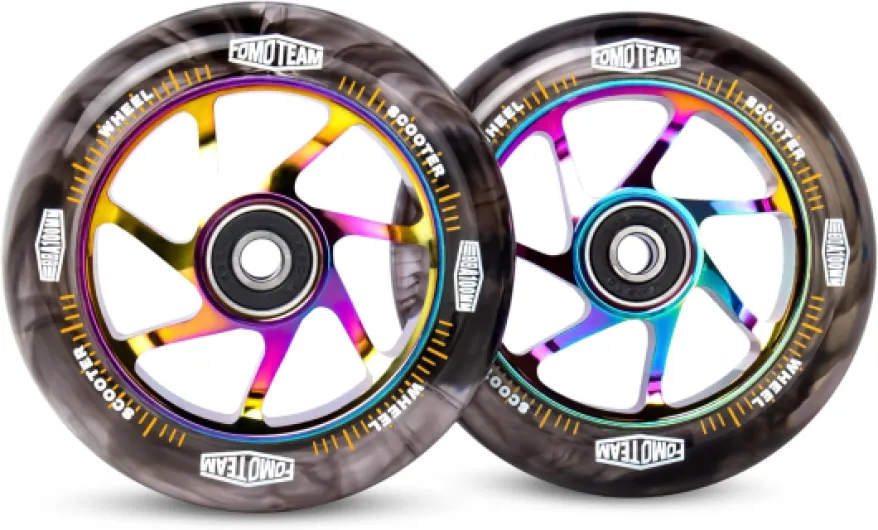 Pro Stunt Scooter Wheels 100mm24mm Watercolor Effect with ABEC-9 Bearings Installed 2-Pack Scooter Replacement Wheels (Black PU Rainbow Core)
