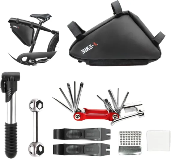 Portable Bike Repair Kit -Bicycle Tool Set with Multitool,120 PSI Mini Pump, Tire Levers & Patches–Bike Maintenance Tools for BMX, Mountain & E-Bikes Frame Mount Triangle Bag