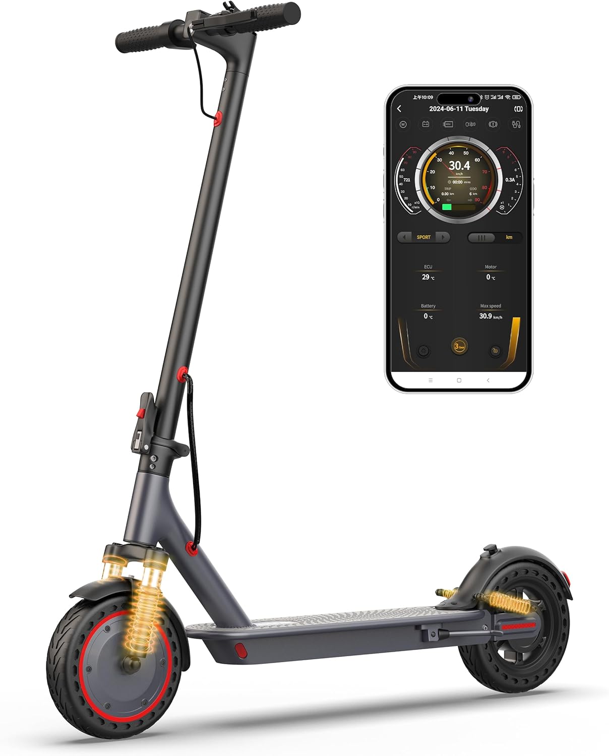 10 Inches Electric Scooter, Dual Suspension, 21 MPH Top Speed, 500W Powerful Motor, 28 Miles Long Range, Dual Braking, Max Load 264 lbs 10”-22Miles-Dual Suspension-500W