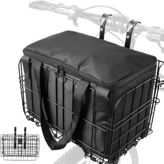 Folding Bicycle Bike Basket Front with Removable Liner Bag, Large Quick Release Design Metal Ebike Basket for Adult Women/Men Carrying Dogs, Pets, Fruit & Grocery Front Basket With Bag