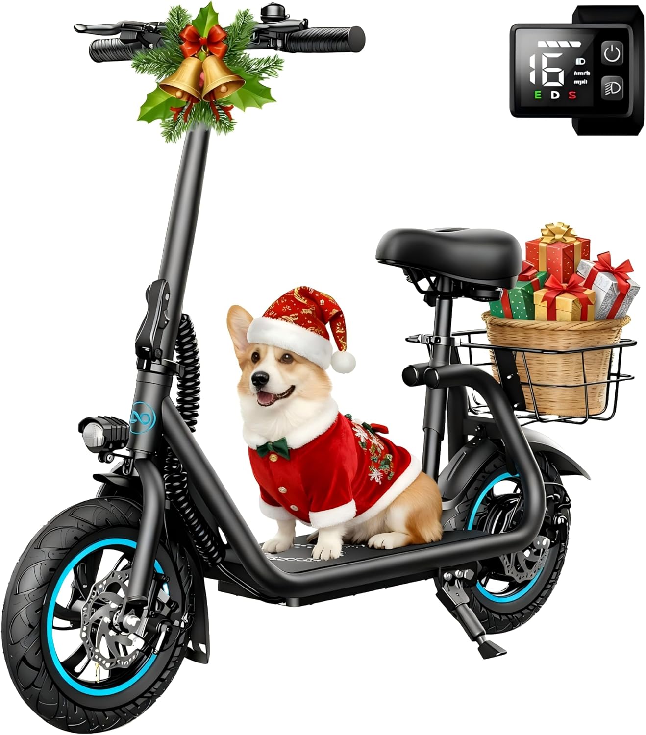 C1 Electric Scooter with Seat for Adults, 300W Motor, 20-Mile Range, 15.5 MPH, Foldable Commuter E-Scooter with Basket for Grocery, Pets, and Daily Commute– Classic Black