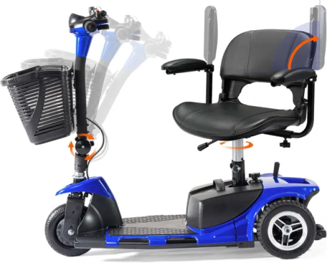 3 Wheel Mobility Scooters for Adults, Folding Mobility Scooter for Seniors, 265 lb Capacity Electric Scooter with Basket, Powered Mobility Scooter for Travel, Long Range Power Battery, Blue Sapphire Blue