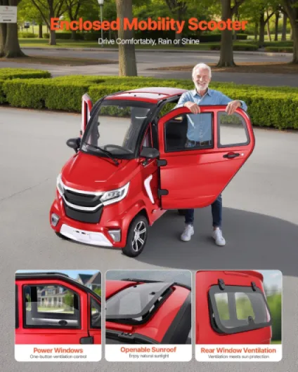 4-Wheel Enclosed Mobility Scooter for Seniors Adults, 660lbs Capacity, 3-Seater 2000W Electric Recreational Mobility Scooter 45 Miles Long Range, Remote Unlock, All-Terrain for Touring Shopping Red / 4-wheel