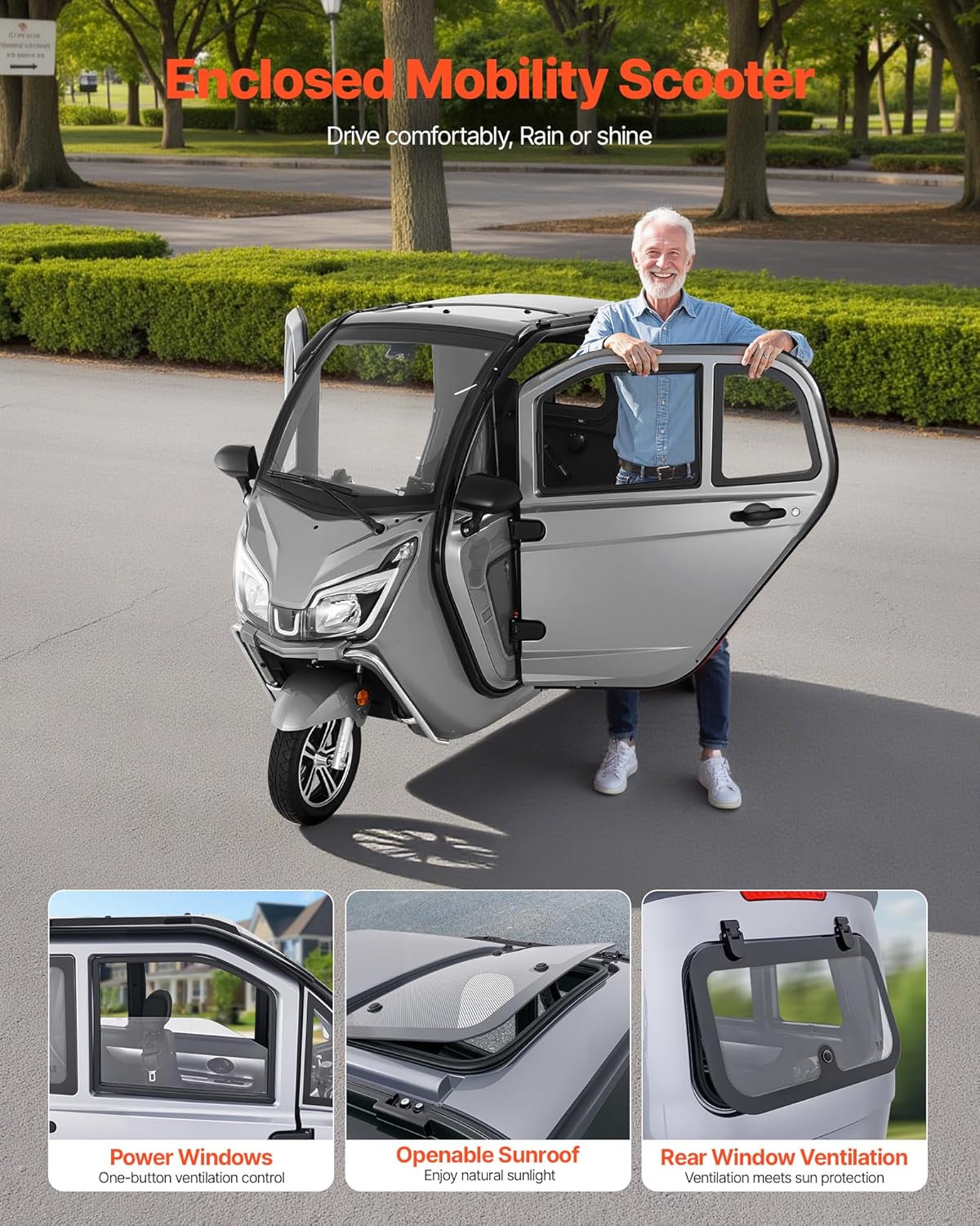 3-Wheel Enclosed Mobility Scooter for Seniors Adults, 650lbs Capacity, 3-Seater 1500W Electric Recreational Mobility Scooter 37 Miles Long Range, Remote Unlock, All-Terrain for Shopping Touring Silver / 3-wheel