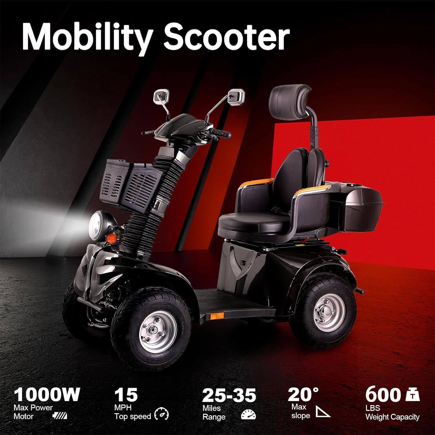 Mobility Scooters for Seniors & Adults 600lbs Capacity, Heavy Duty 4-Wheel 3-Speed Electric Powered Wheelchair Device 1000W All Terrain, Elderly-Lockbox Adjustable Seat (DJD Black 1000W) Type 2 Pro (DJD Black)