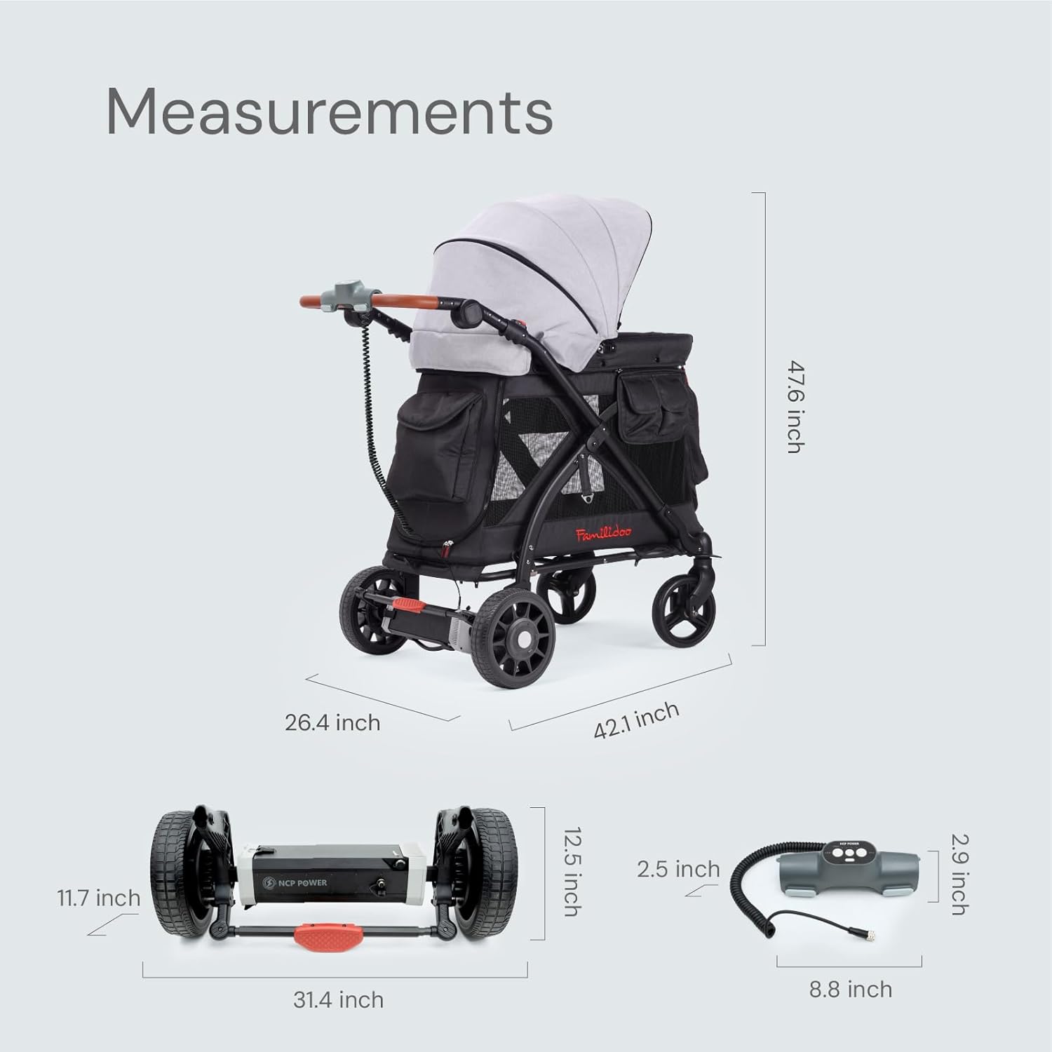 Chariot Mini with Electric Stroller Wagon – Multi-Function Stroller Features, Removable Bassinet, 5-Point Safety Harness, Zipable Doors & Mesh Panels (Gray)