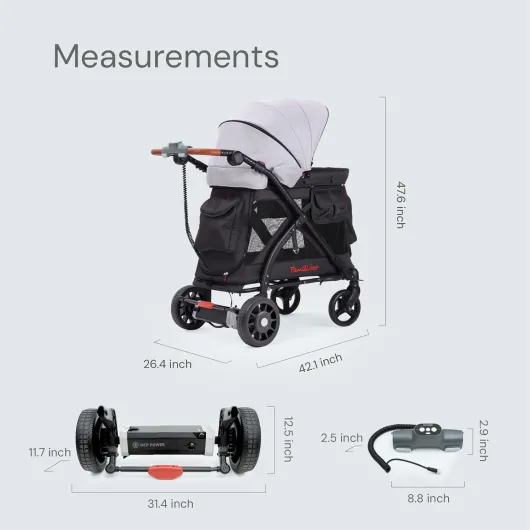 Chariot Mini with Electric Stroller Wagon – Multi-Function Stroller Features, Removable Bassinet, 5-Point Safety Harness, Zipable Doors & Mesh Panels (Gray)