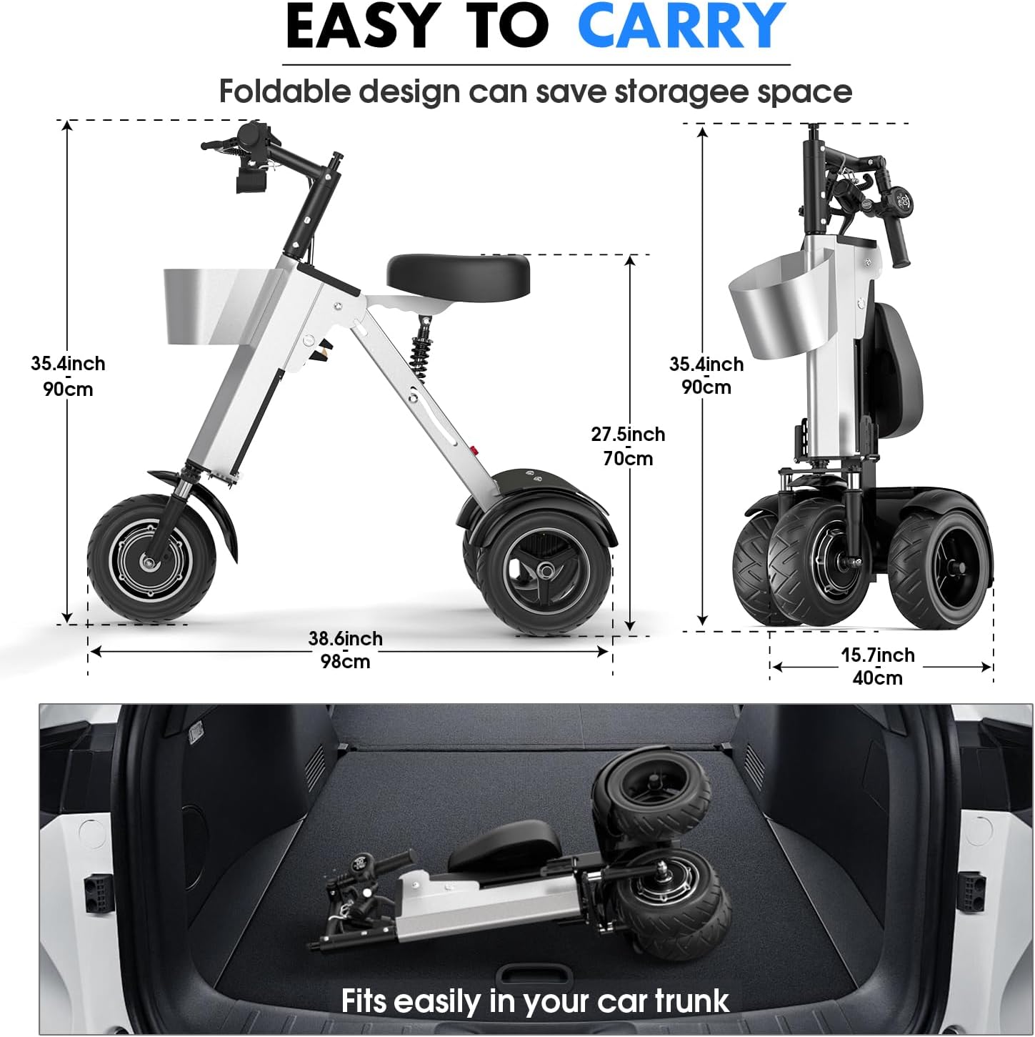 Foldable 3 Wheel Electric Scooter with Seat for Adults and Teens Mobility Electric Trike with 450W Motor and Removable 36V Battery Upgraded Dual Suspension Perfect for Commuting Traveling