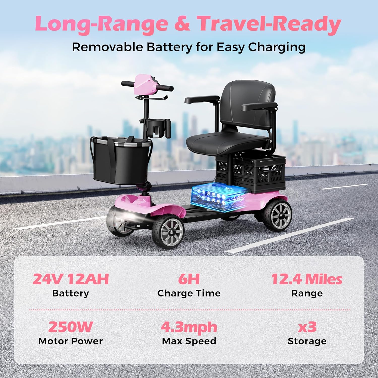 Foldable Mobility Scooter for Adults Elderly– 4-Wheel Portable Motorized Scooter with 330 lbs Capacity, Detachable Battery, Dual Baskets, Cup & Phone Holder, Pink Pink XL
