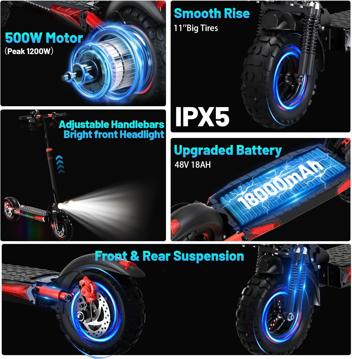11" All-Terrain Adult Electric Scooter, 34 Miles Range, 48V 18Ah Battery, Adjustable Height, Dual Suspension, Fast Charging,Folding E-Scooter for Teens & Adults, Perfect Christmas