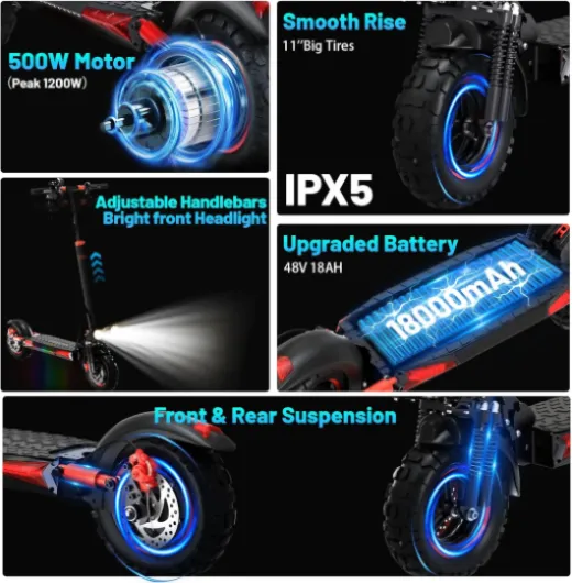 11" All-Terrain Adult Electric Scooter, 34 Miles Range, 48V 18Ah Battery, Adjustable Height, Dual Suspension, Fast Charging,Folding E-Scooter for Teens & Adults, Perfect Christmas