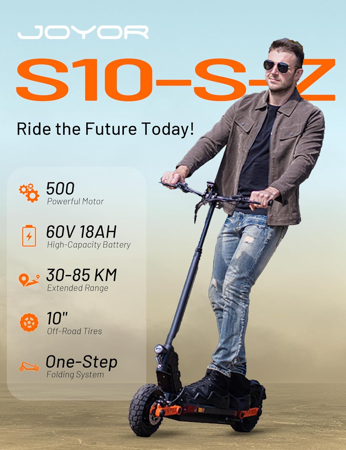 JOYOR Electric Scooter, S5-Z/S10-S-Z/T10 E Scooter with Single/Dual Powerful Motor and 35/49 Miles Long Range, 10" Off Road Tire and Dual Braking System & 4 Shock Absorbers, 330 LBS Load Capacity S10-S-Z (60V 18Ah-49 Miles-1ooo*2-W)