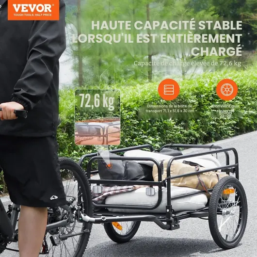 VEVOR Remorque de vélo avec capacité de charge de 88/100/72,6 kg, chariot de vélo robuste, pliable et compact avec attelage universel